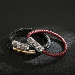 Men Braided Cowhide Leather Bracelet With Stainless Steel Magnetic Buckle Caviar Texture Industrial Punk Style Jewelry
