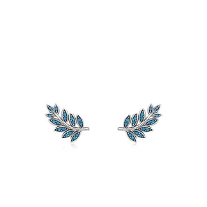 925 Sterling Silver Leaf Stud Earrings For Women Retro Turquoise Gemstone Inlaid Botanical Jewelry With Silver Post