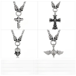 Detailed view of four gothic stainless steel necklaces with skull and cross pendants