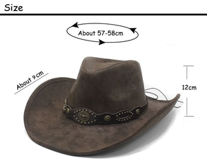 Detailed view of dark brown western cowboy hat showing size 57-58cm and bull head buckle