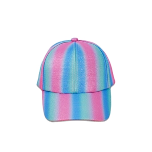 Detail of pink and blue gradient glitter fabric on this child baseball cap with curved brim