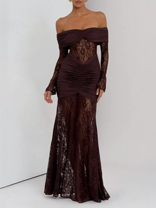 Close-up of off-shoulder dark brown lace dress with elegant pleated details and long sleeves
