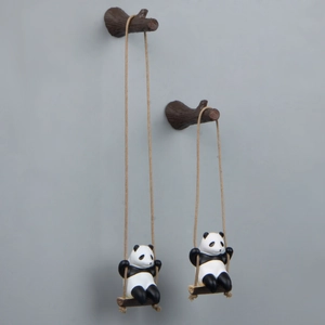 Creative panda on a branch swing wall hanging decoration with resin branch and fiber rope