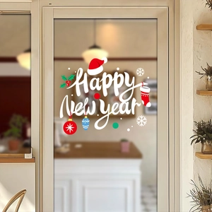 Happy New Year static glass sticker with cartoon bow and hat on a cafe window