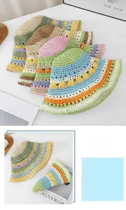 Detailed view of foldable colorful striped straw hat for summer beach protection