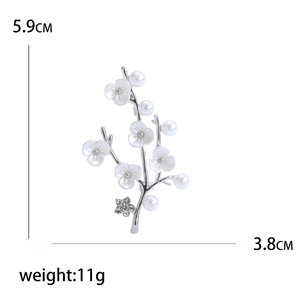 Silver flower shell pearl brooch with sparkling diamonds for women 5.9cm x 3.8cm