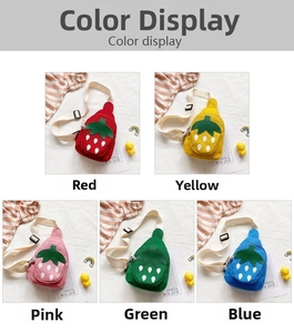 Kids strawberry canvas bags in five colors with adjustable beige shoulder straps