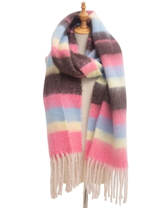 Detailed view of colorful striped scarf with fringe tassels in brown, pink, and blue