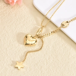 Chic gold titanium steel necklace featuring star and heart love pendants on a flat link chain