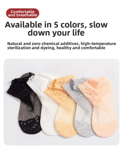 Detail view of five pairs of breathable lace mesh socks in various pastel colors