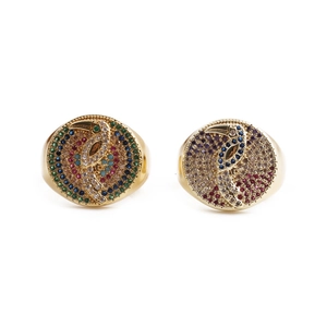 Toucan Animal Signet Ring Copper Gold Plated Multi Color Cubic Zirconia Micro Pave Open Adjustable Hip Hop Jewelry