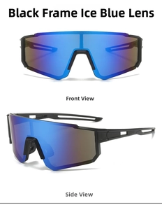 Front and side views of matte black cycling sunglasses with ice blue mirrored lenses