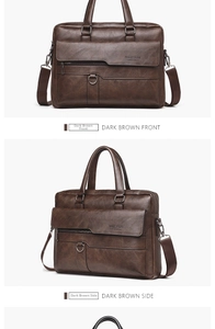 Detailed front and side views of a dark brown vintage business briefcase with strap