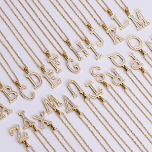 Golden 18k plated titanium steel necklaces with A-Z sparkling crystal letter pendants