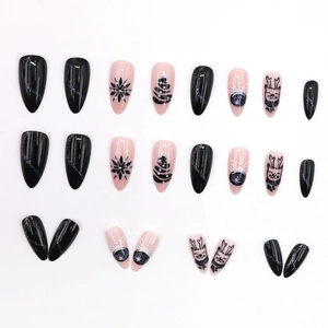 Navy blue and pink almond press-on nails with Christmas glitter snowflake and reindeer art