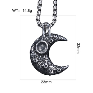 Macro shot of vintage lunar crater pendant showing textured details and product dimensions