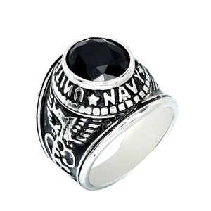 Vintage silver navy ring with faceted black stone and detailed side carvings