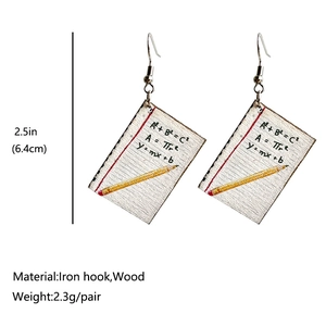 Teacher's Day wooden earrings with mathematical formulas and yellow pencil illustration