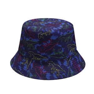 Cappello da pescatore reversibile blu scuro con dinosauri colorati per la protezione solare