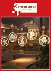 Five LED Christmas window lights with suction cups featuring snowflake and santa patterns