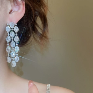 Macro detail of luxury silver flower tassel earrings with shimmering zircon crystals