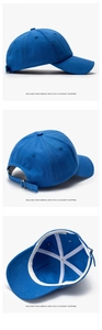 Detail showing the inner cotton lining, metal buckle strap, and side profile of the navy cap