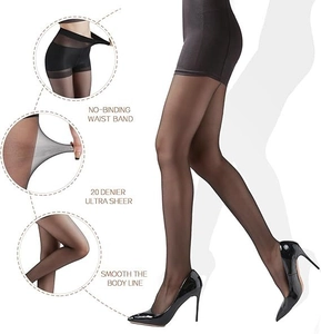 Detail of 20D sheer black pantyhose featuring high elastic waist and seamless texture
