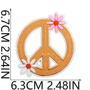 Detailed view of peace sign embroidery patch with pink flowers and size dimensions
