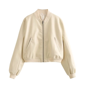 Women's cream faux leather bomber jacket with vintage loose fit and ribbed trims
