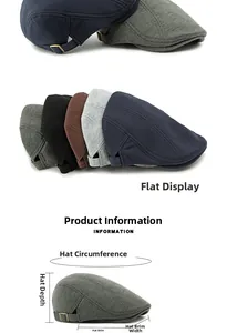 Detail view of cotton beret with metal adjustment buckle and size specifications