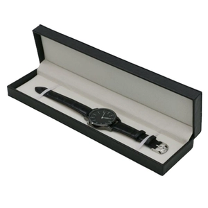 Minimalist black quartz watch with leather strap inside a rectangular gift display box