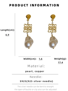 Detailed size chart for retro knot earrings with pearls and gold metal finish
