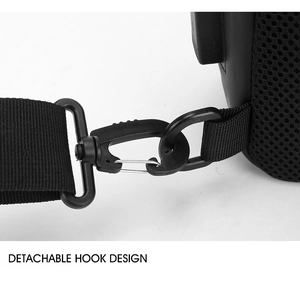Detail showing the detachable plastic hook and breathable mesh on the black chest bag
