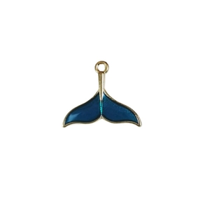 Blue enamel whale tail charm with gold metal frame and sparkling crystal accent