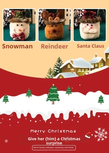 Detailed view of three plush Christmas gift bags featuring snowman elk and Santa designs