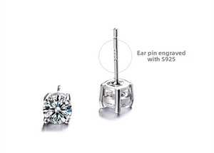 Detailed macro view of S925 sterling silver hallmark on four-prong zircon stud earrings