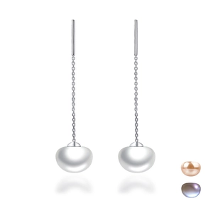 Elegant S925 sterling silver drop earrings with white natural freshwater pearls on long chains