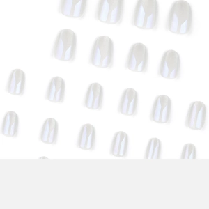 Short round white aurora cat eye press on nails with iridescent pearlescent finish