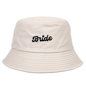 Beige cotton bucket hat for women with black Bride embroidery for bridal parties