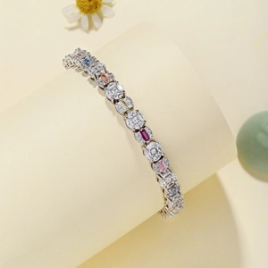Close-up of S925 sterling silver bracelet with multi-colored square and round zircons