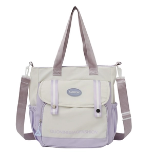 Große Segeltuch-Einkaufstasche in Lila und Beige mit Schultergurt und Pattentasche