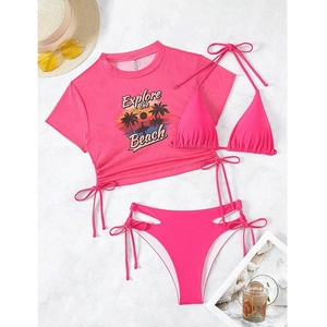 Flat lay of pink three-piece bikini set with mesh top and drawstring high waist bottoms
