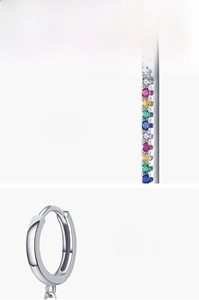 Detail of 925 sterling silver hoop earrings featuring multi-color zircon stones in high polish