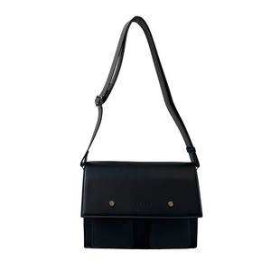 Classic black leather messenger bag with dual front pockets and adjustable shoulder strap
