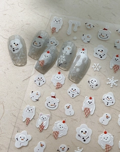 Detail of 3D embossed nail stickers featuring winter snowmen and polar bear patterns