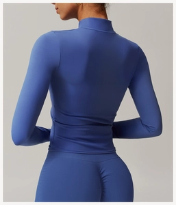 Detail of blue compression yoga set showing the back scrunch leggings and slim fit