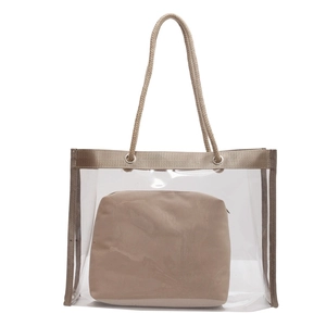 Transparent PVC tote bag with sand brown canvas inner pouch and cotton rope handles
