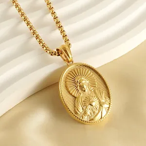 Retro 18K gold-plated stainless steel oval Jesus pendant with a classic box chain