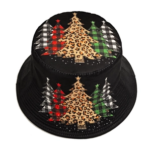 Reversible black bucket hat with leopard and plaid Christmas tree prints for outdoor sun protection