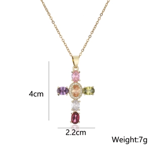 Detailed dimensions of 18K gold plated cross necklace with multi-color zircon stones